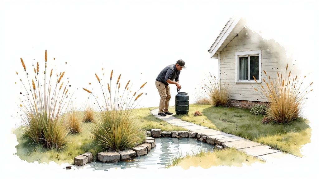 Homeowner collecting rainwater in barrel next to small house with natural landscaping and pond