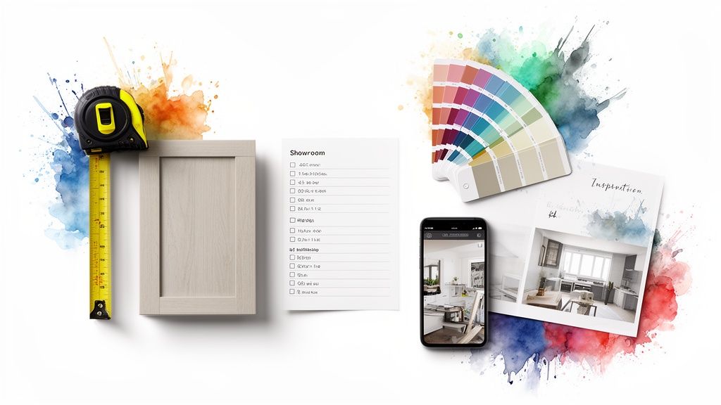 Various home design tools, including a tape measure, cabinet sample, color palette, and design inspiration.