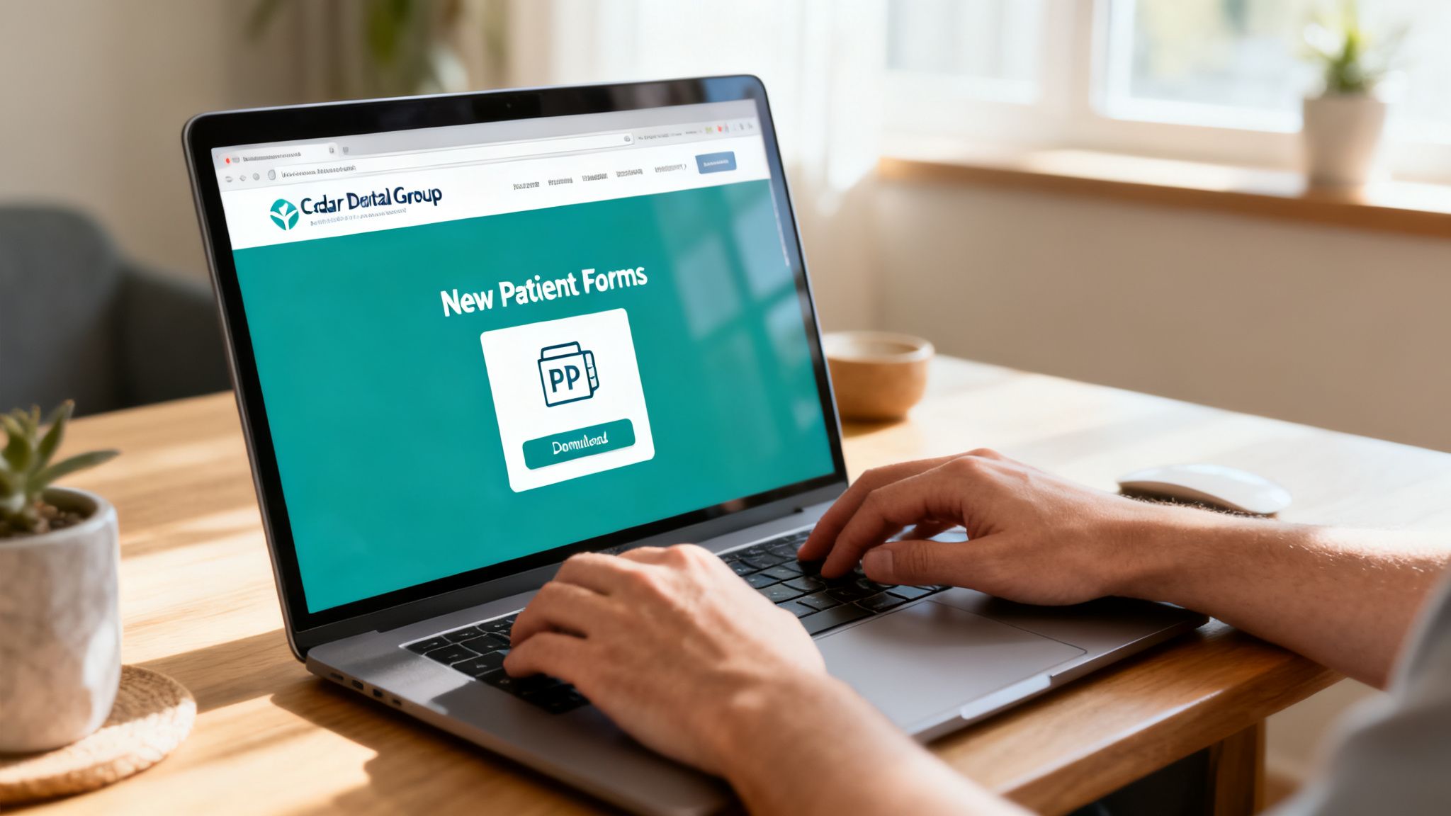 Hands on a laptop, downloading 'New Patient Forms' from the Cedar Dental Group website.