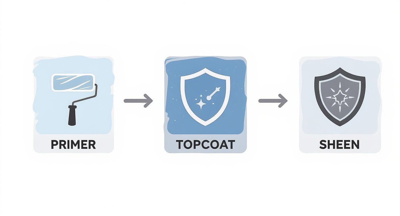 A diagram illustrating the painting process: primer application, topcoat, and final sheen layer.