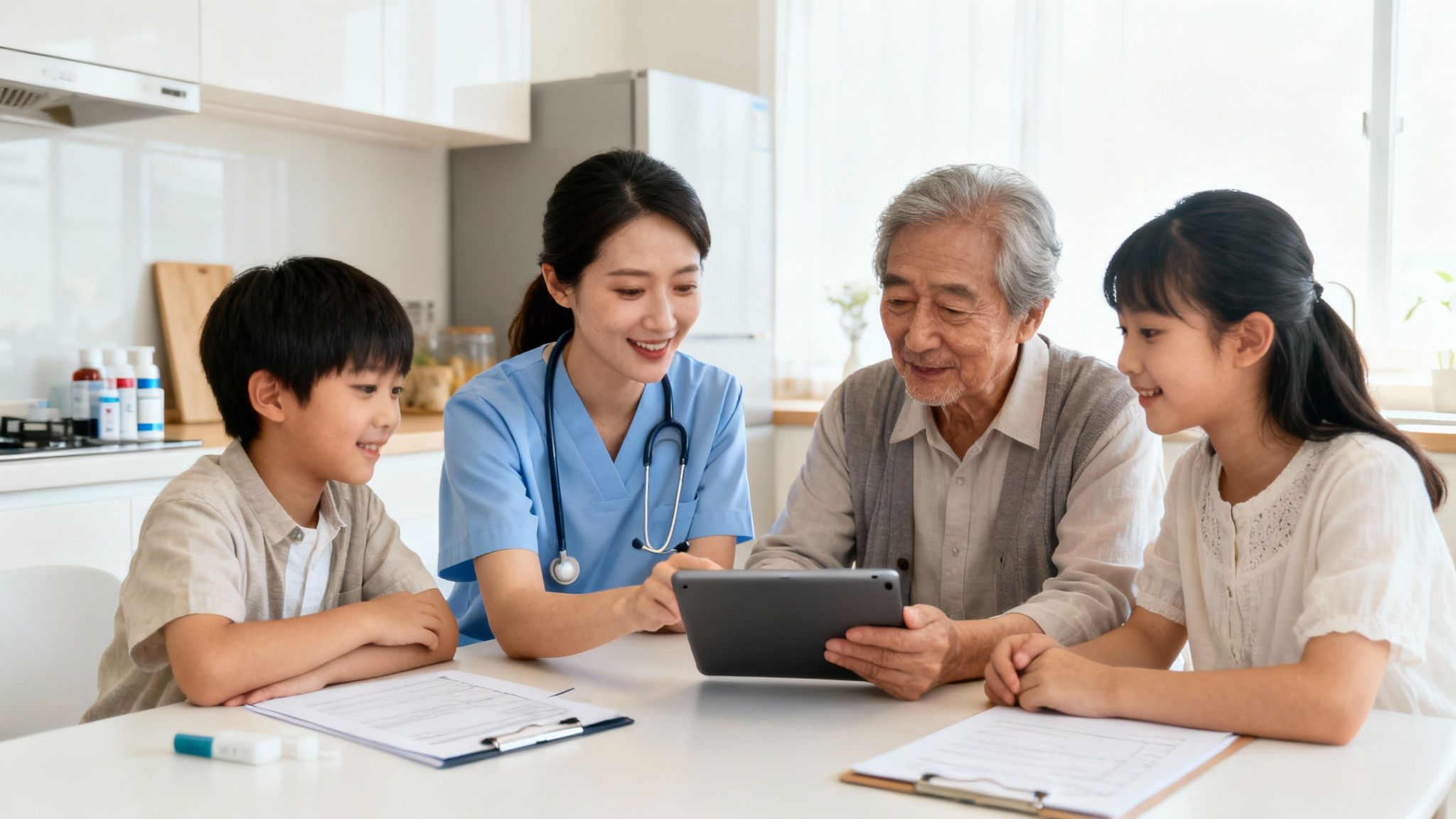 A smiling nurse shows a tablet to an elderly man and two children in a home setting.