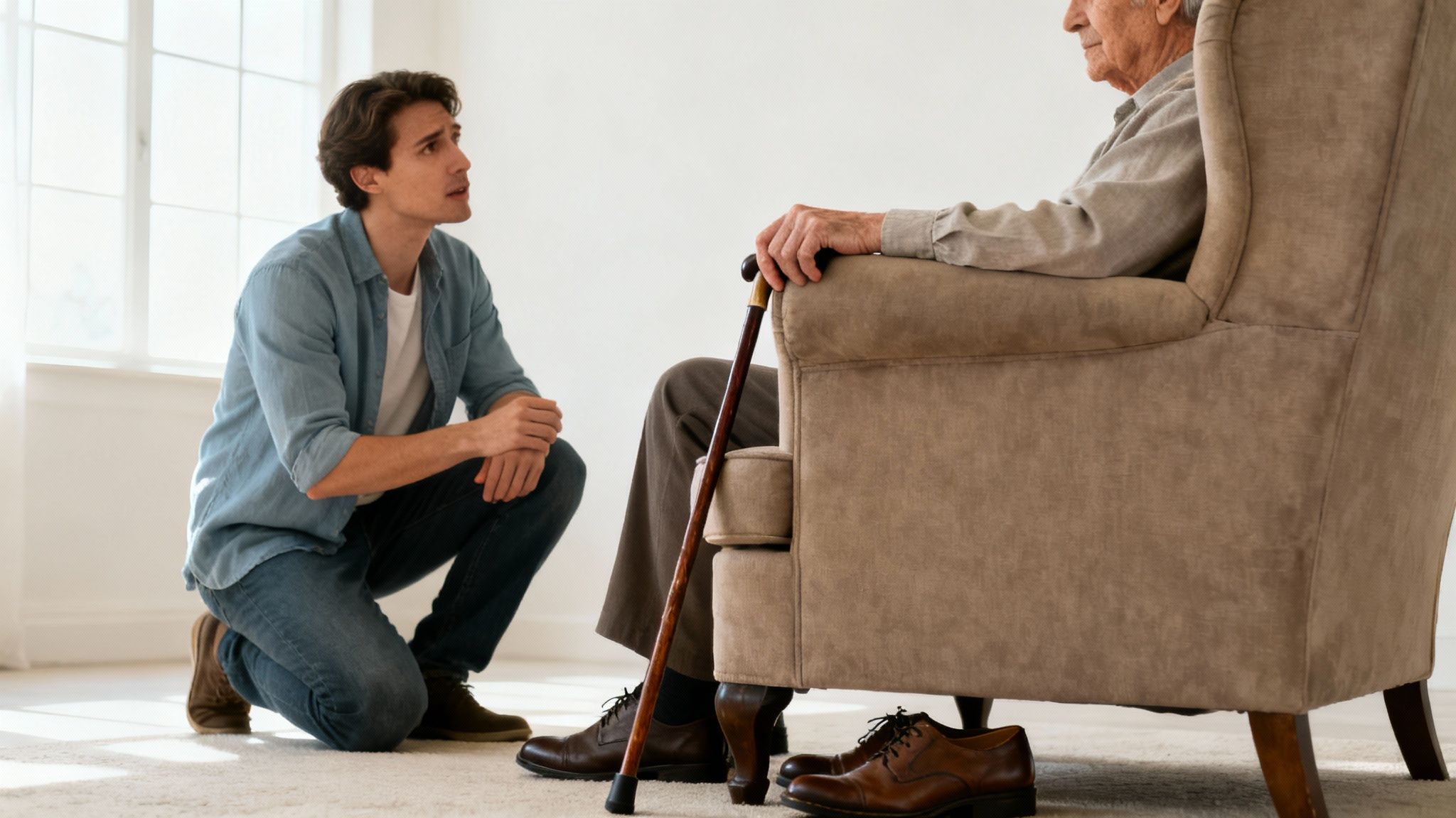 A caring young man kneels to speak with an elderly man sitting in an armchair with a cane.