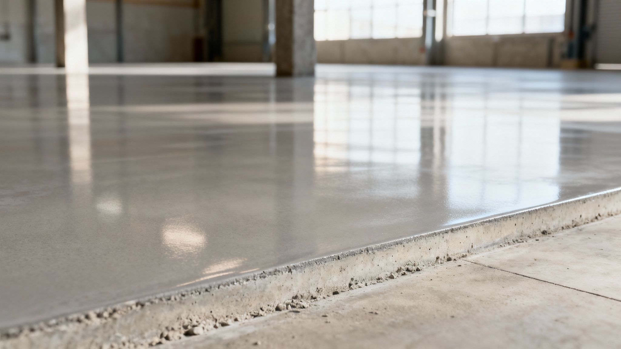 A clean, glossy commercial epoxy floor in a large facility, reflecting the overhead lights.