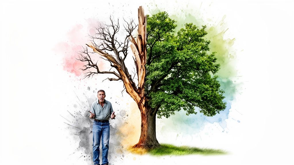 A distressed man stands by a tree split, half dead and barren, half lush green and vibrant.
