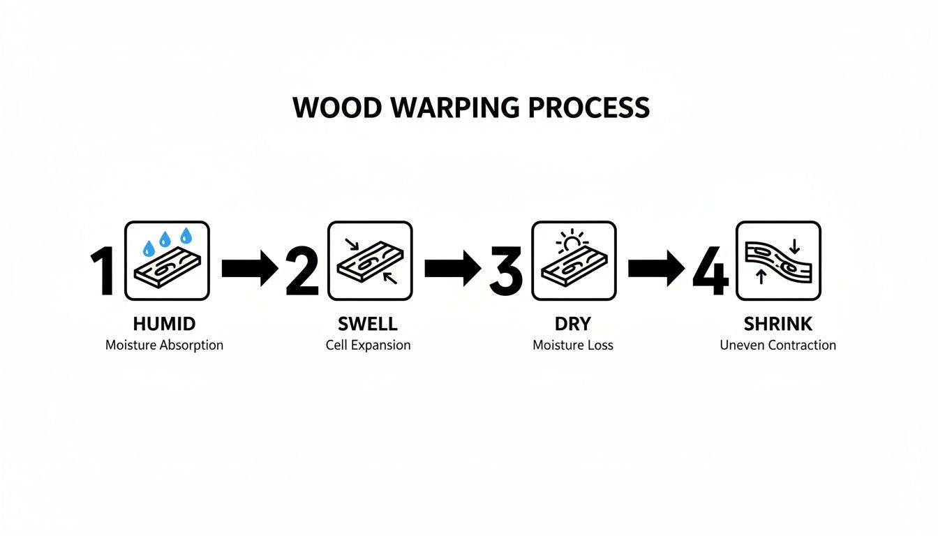Infographic illustrates the four-step wood warping process: humidification, swelling, drying, and uneven shrinking.