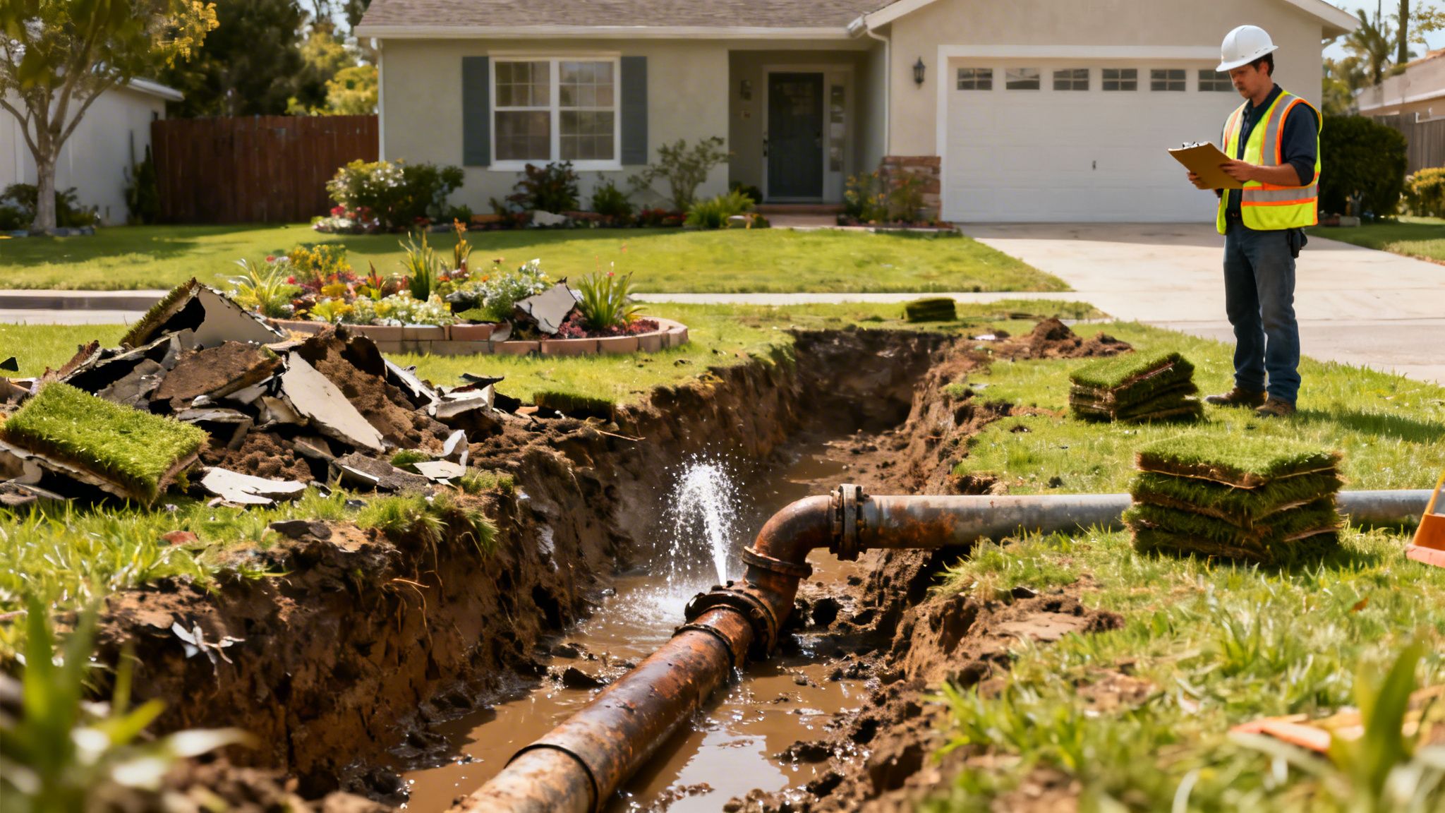 A worker in a hard hat inspects a burst, rusty water pipe leaking in an excavated trench.