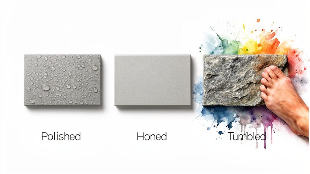 A comparison of three stone finishes: polished with water droplets, smooth honed, and rough tumbled with a foot.