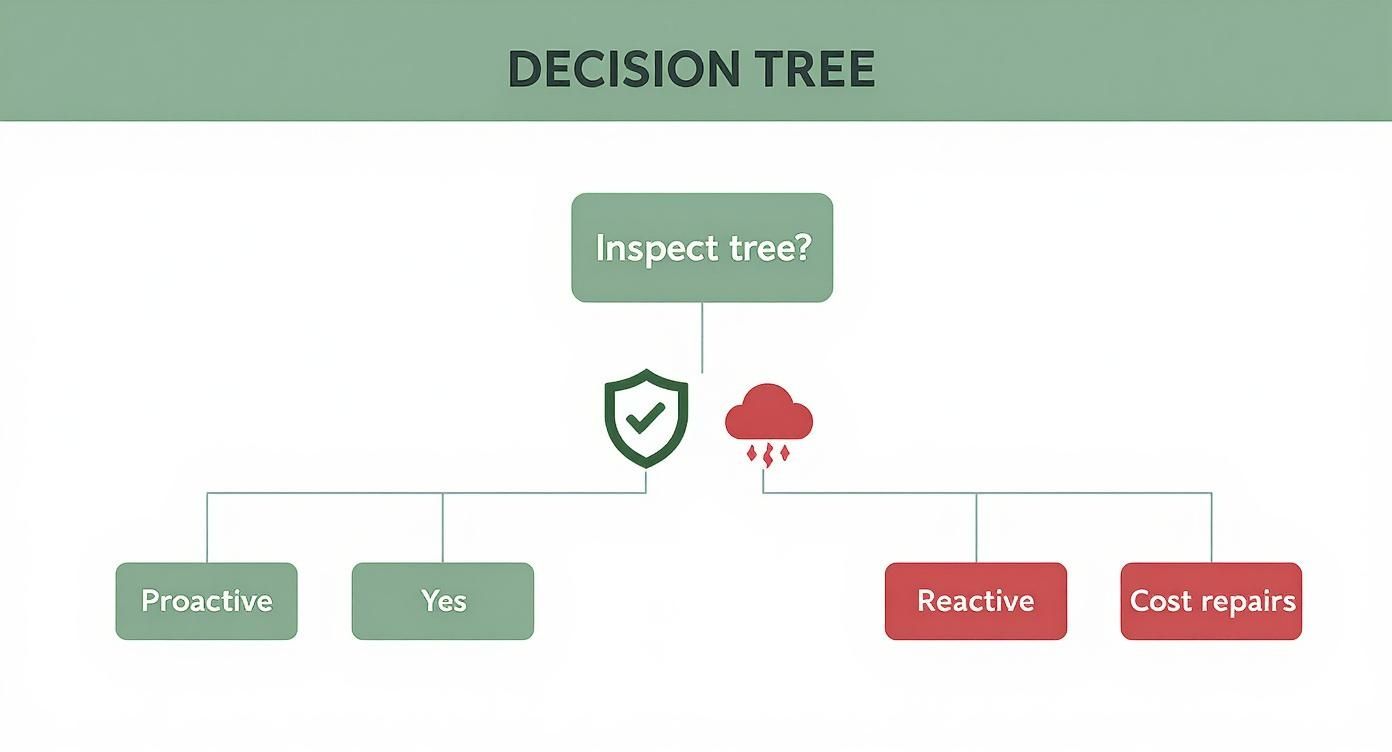 Decision tree flowchart showing proactive versus reactive tree inspection and maintenance approaches for storm preparation