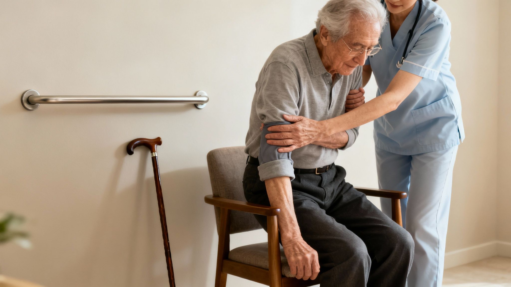 A Registered Nurse from Central Coast VNA & Hospice helps a patient with mobility at home.