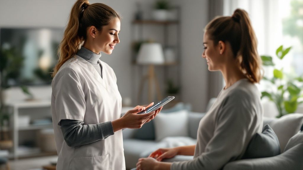 A Central Coast VNA & Hospice clinician reviews a patient's chart on a tablet, symbolizing a commitment to quality and data-driven care.