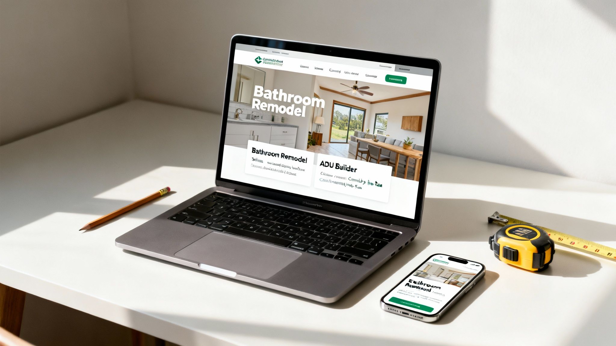 Laptop and smartphone displaying a home remodeling website, with a pencil and measuring tape on a white desk.