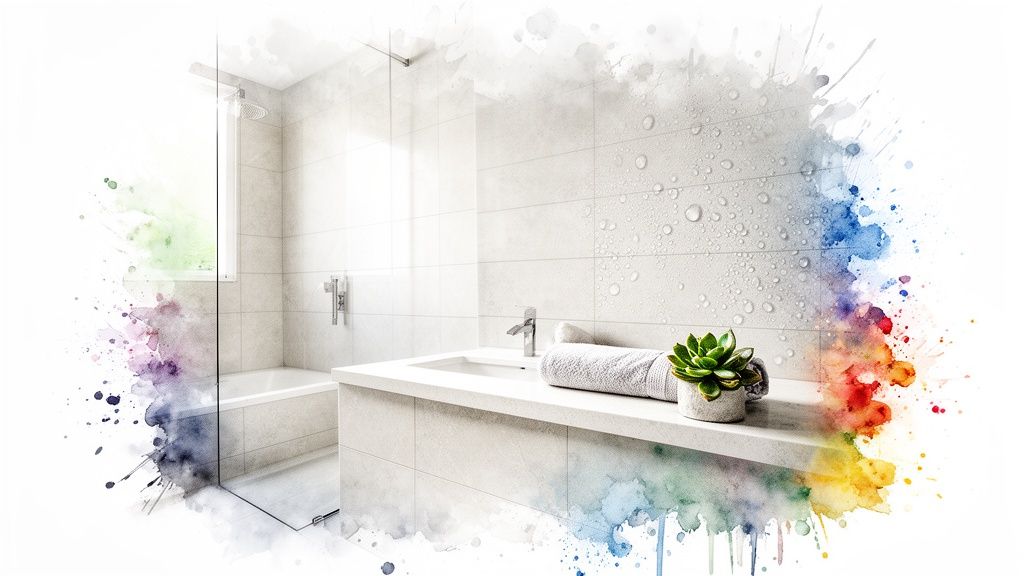 Modern bathroom with white tiles, shower, sink, plant, and vibrant watercolor artistic border.