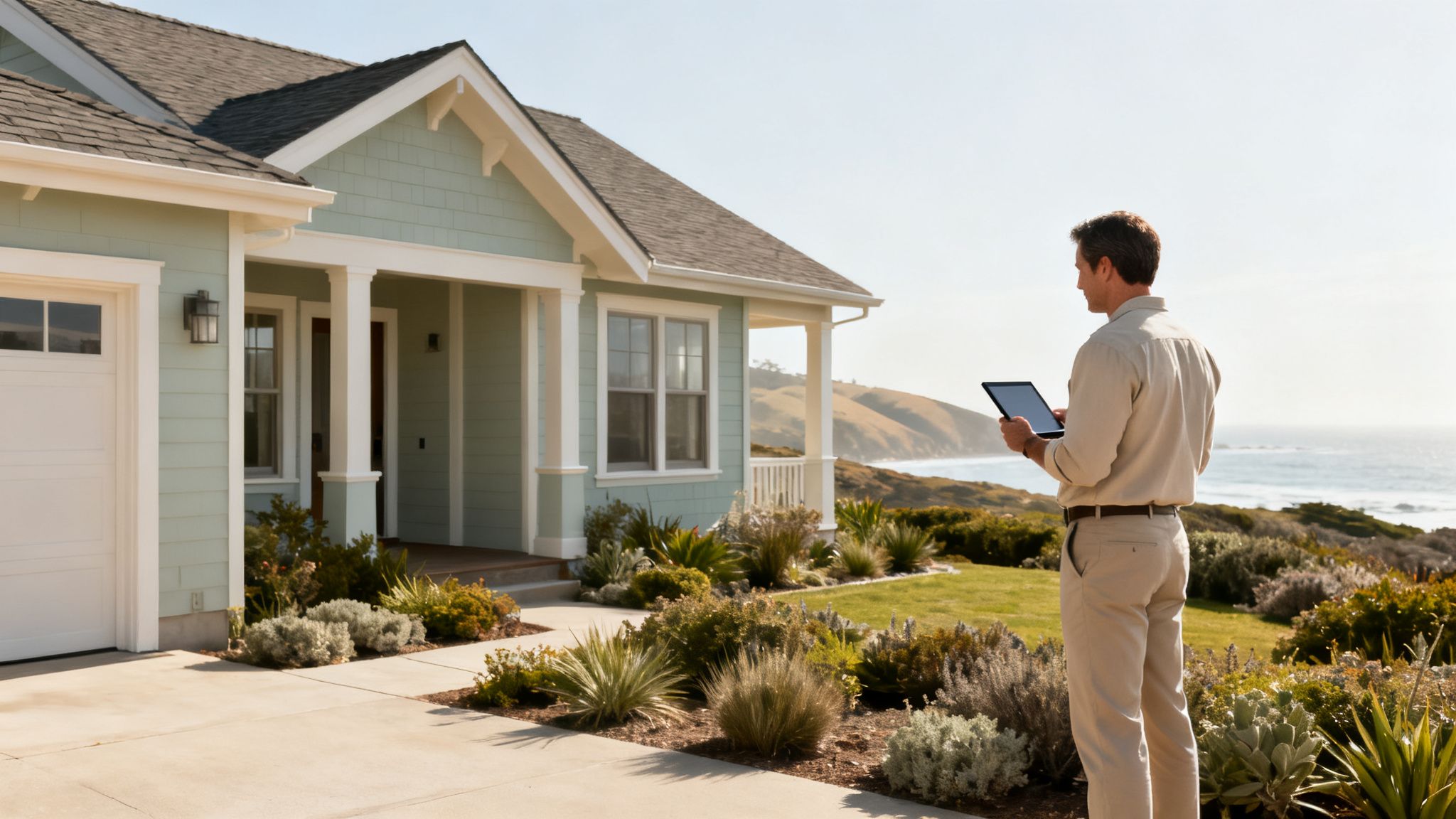 A man holding a tablet stands in front of a coastal house with an ocean view.