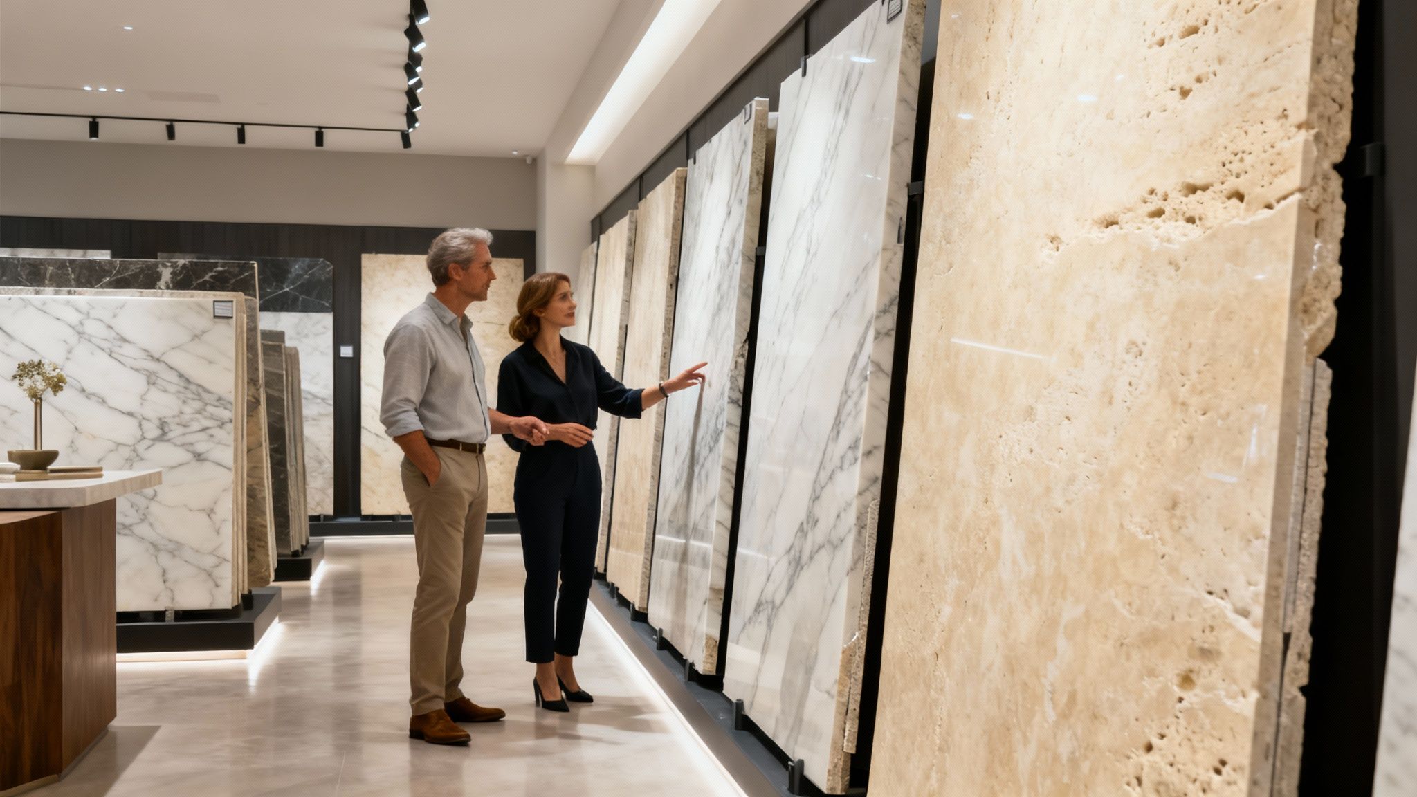 An elegant living room featuring natural stone tile flooring that complements the modern decor.