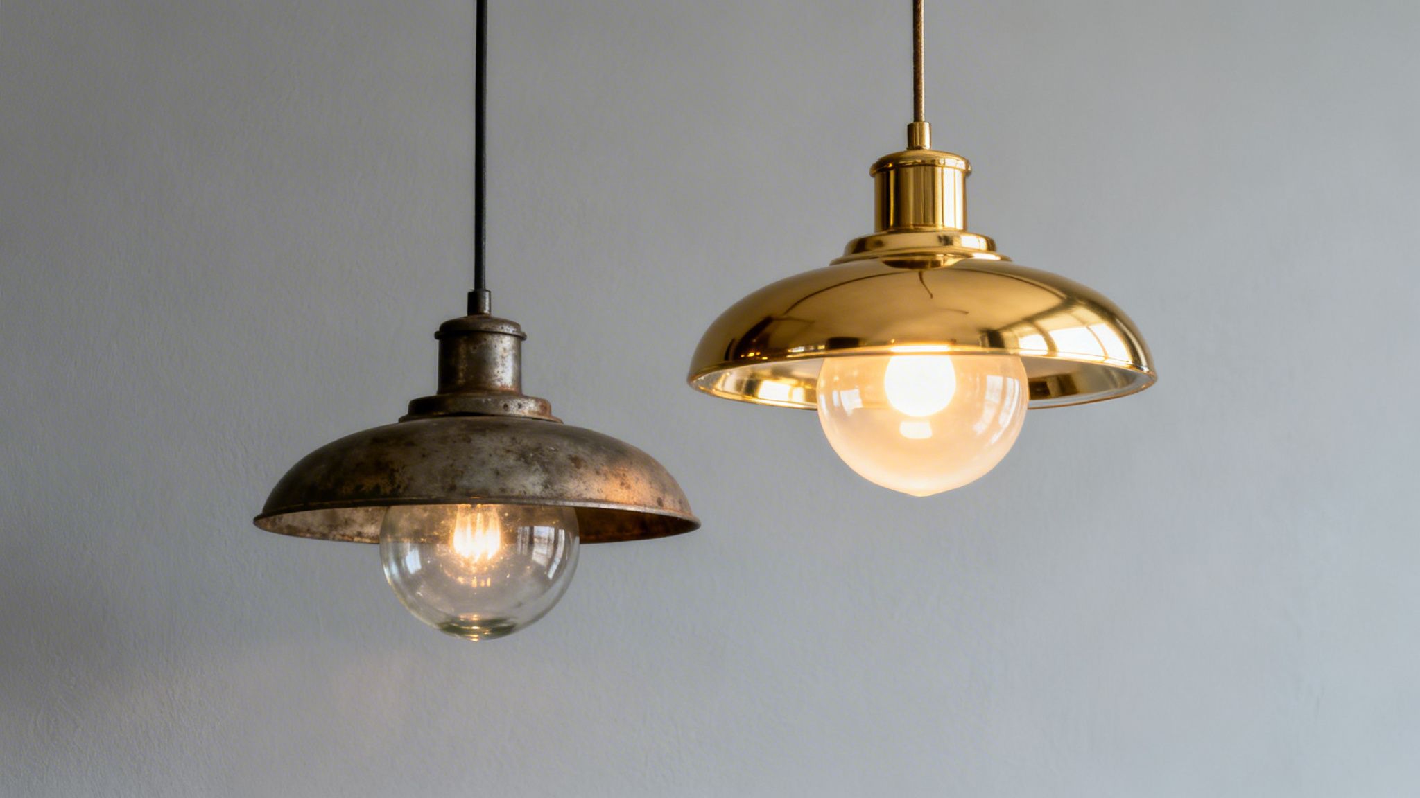 Two pendant lights, one rustic metallic and one shiny golden, illuminating a light gray wall.