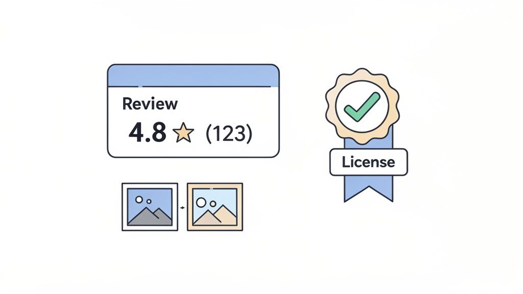 A graphic depicting a customer review box with 4.8 stars, 123 reviews, and a verified license badge.