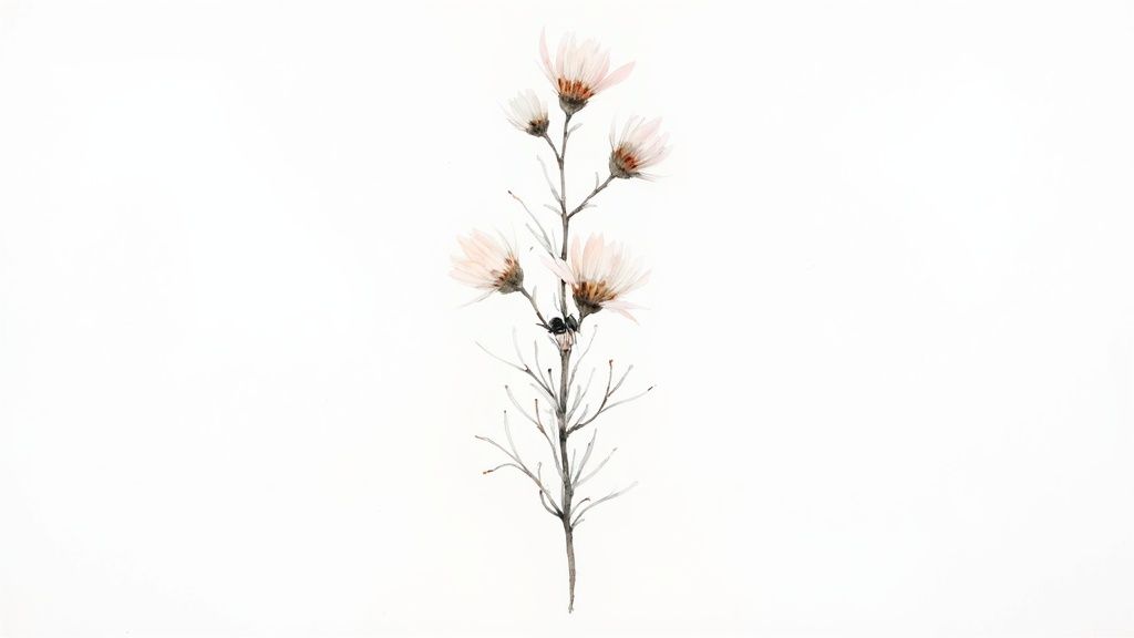 A delicate watercolor painting of a plant with several light pink flowers on a white background.