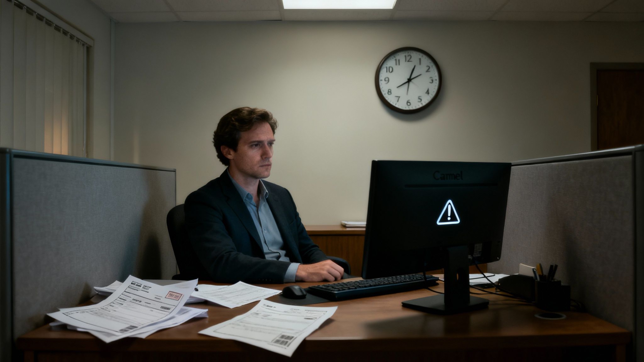 A man in an office cubicle looking intently at a computer screen displaying an error message.