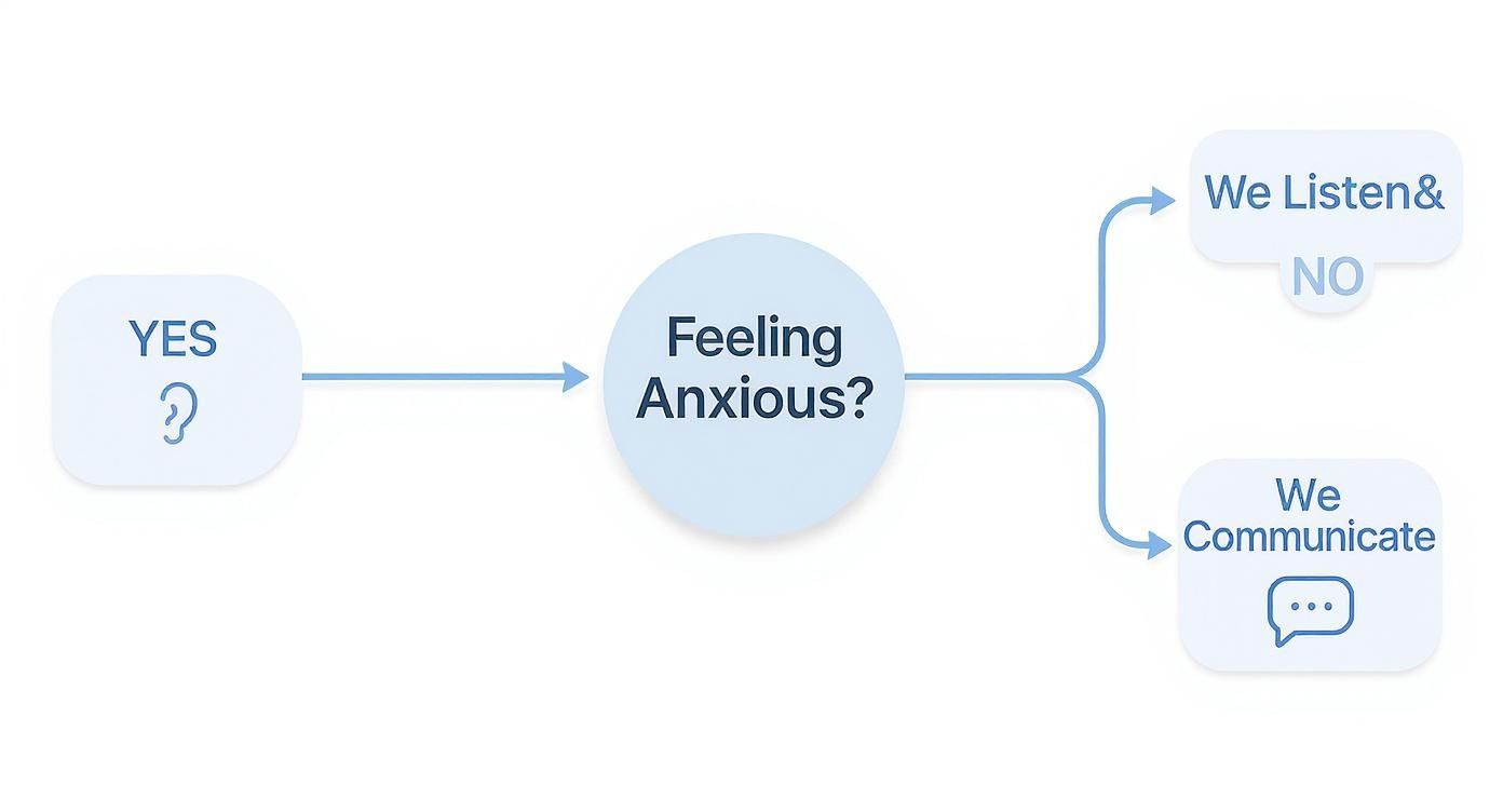 Flowchart showing dental anxiety response options: listening without judgment and clear communication pathways