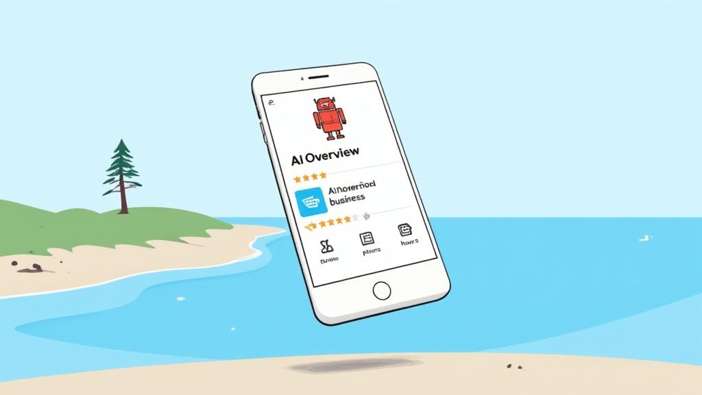 White smartphone displaying an AI app with a red robot and star ratings, floating over a tranquil beach.