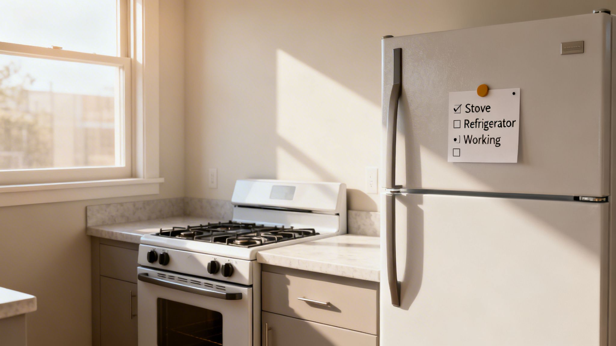 A clean, modern kitchen featuring a stove, a white refrigerator, and an appliance checklist.