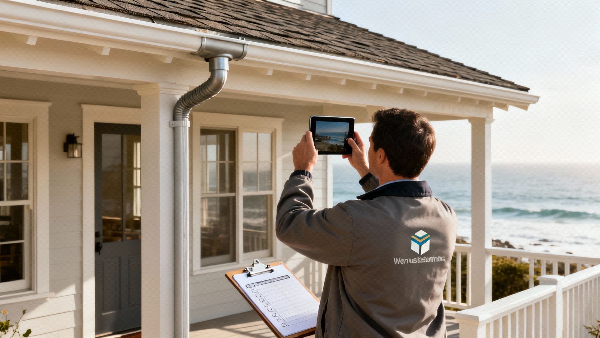 Rear view of a man inspecting a house near the ocean, taking photos with a tablet.