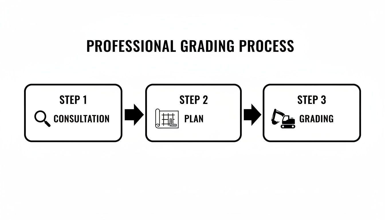 A professional grading process diagram showing three steps: consultation, planning, and actual grading.