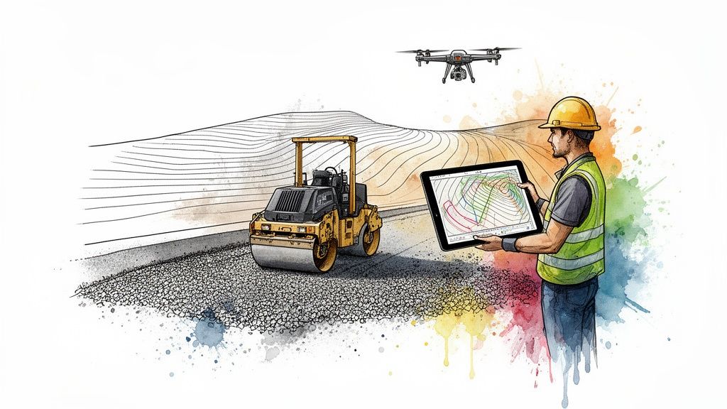 A worker with a tablet, a drone, and a road roller at a smart construction site.