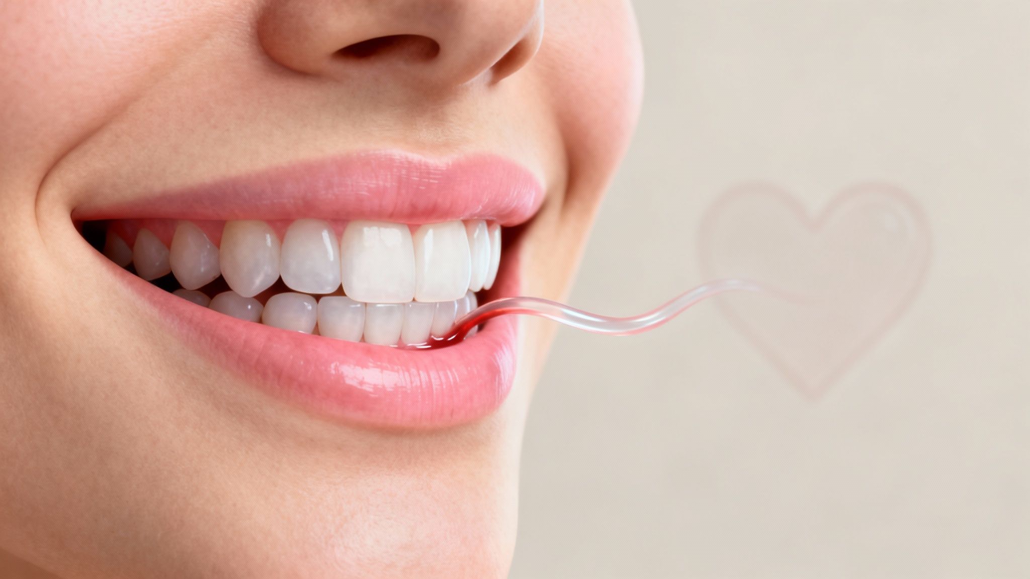 Smiling mouth with white teeth shows a tube with red liquid, indicating gum bleeding.