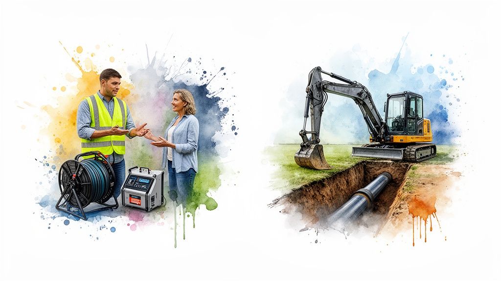 Professionals discuss pipe inspection equipment, with an excavator and underground pipeline in an illustrative style.