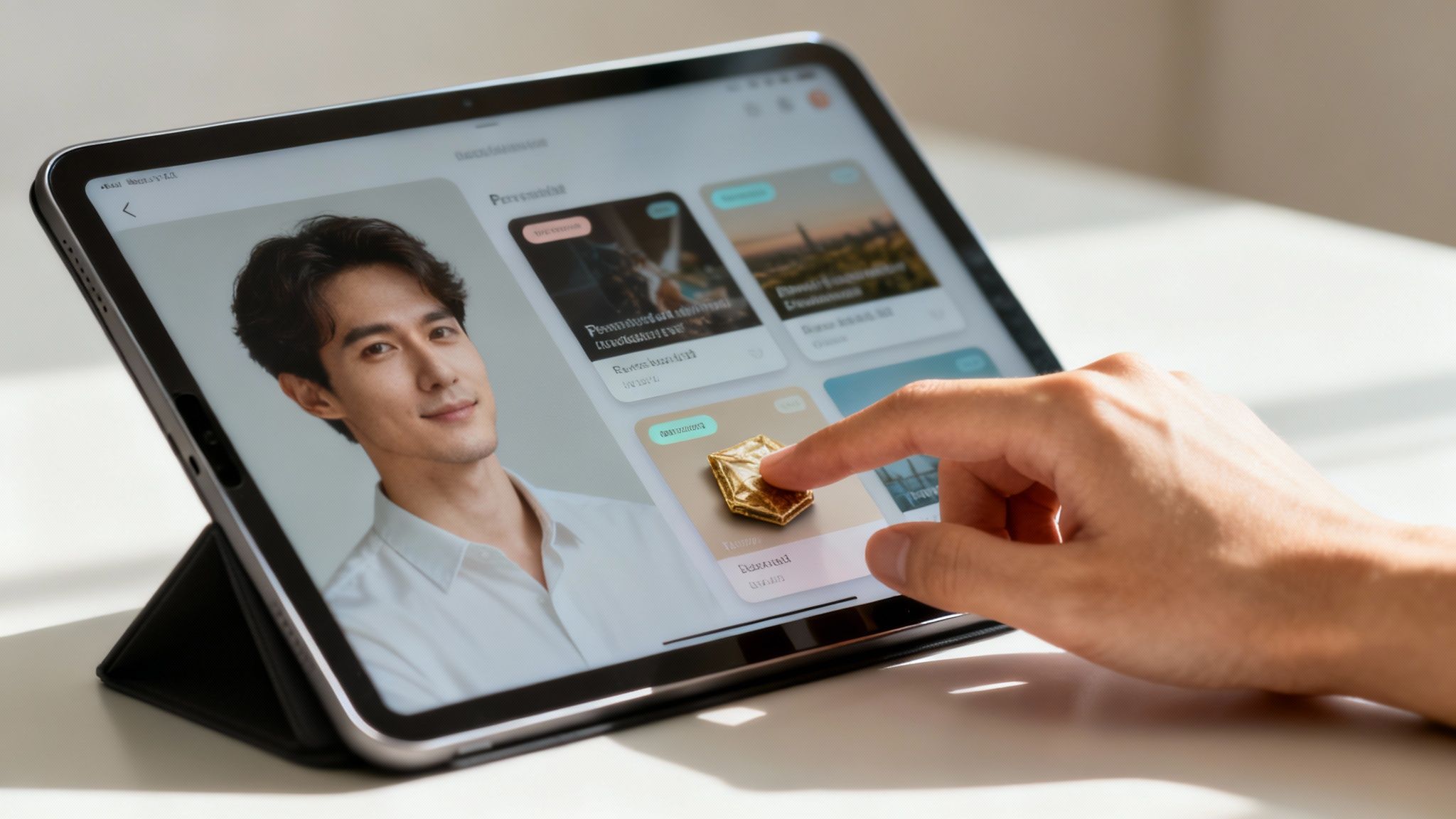 A person's hand interacts with a tablet displaying a man's portrait and digital content cards.