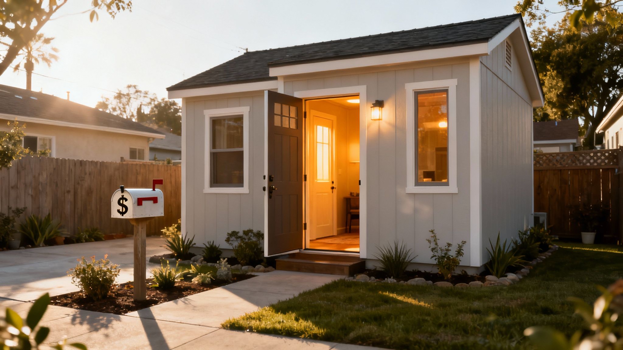 A modern small home, or ADU, with an open door, a glowing interior, and a dollar sign mailbox.