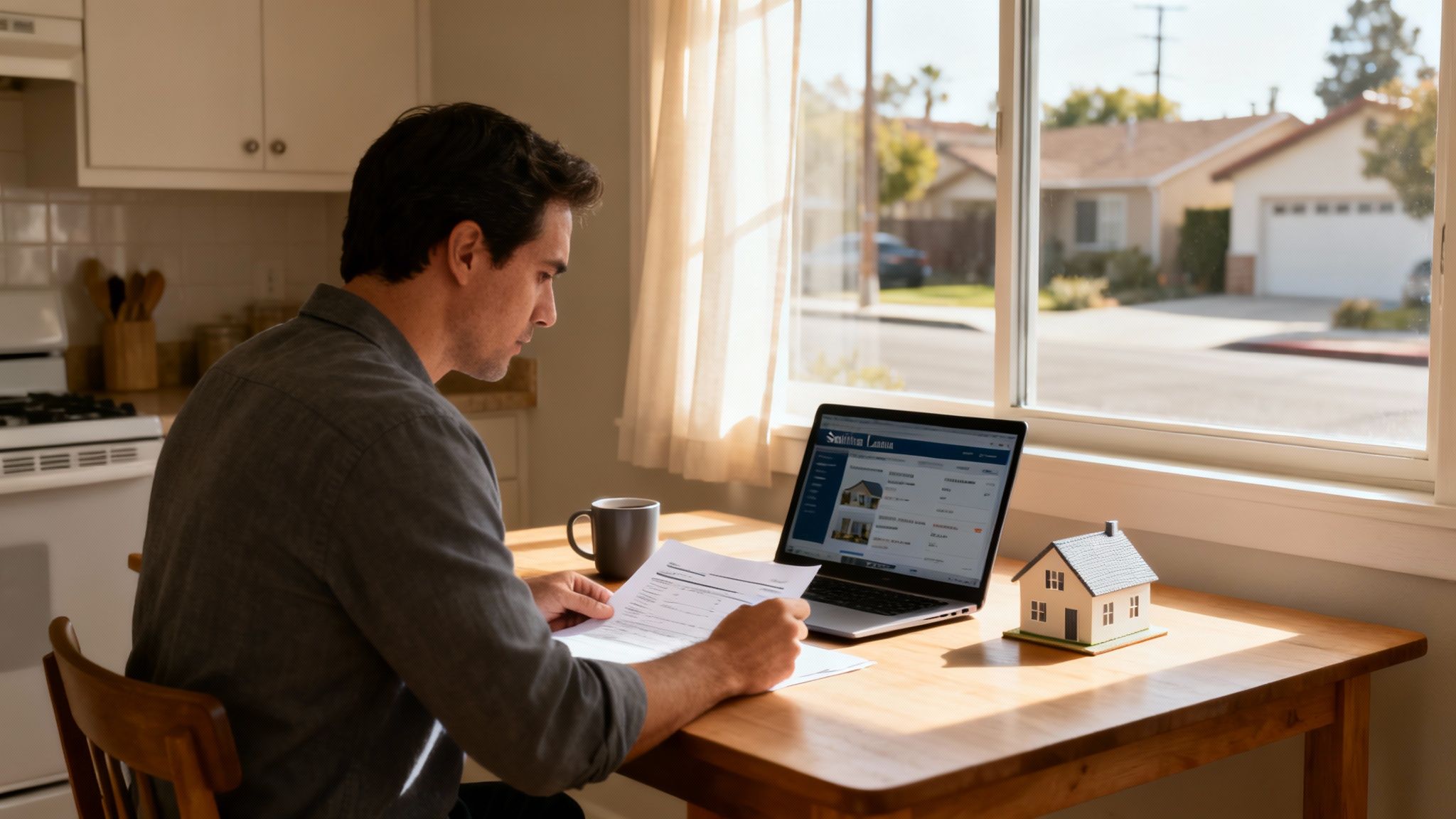 A man reviews real estate documents at a table with a laptop and a model house.