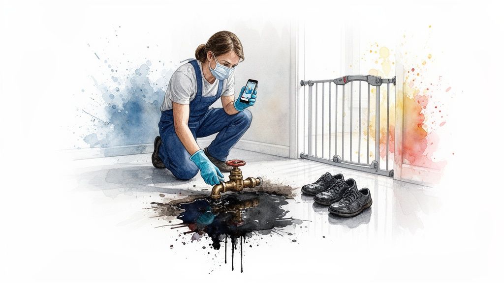 Person in mask and gloves inspecting a leaking pipe with dark liquid on the floor, holding a smartphone.