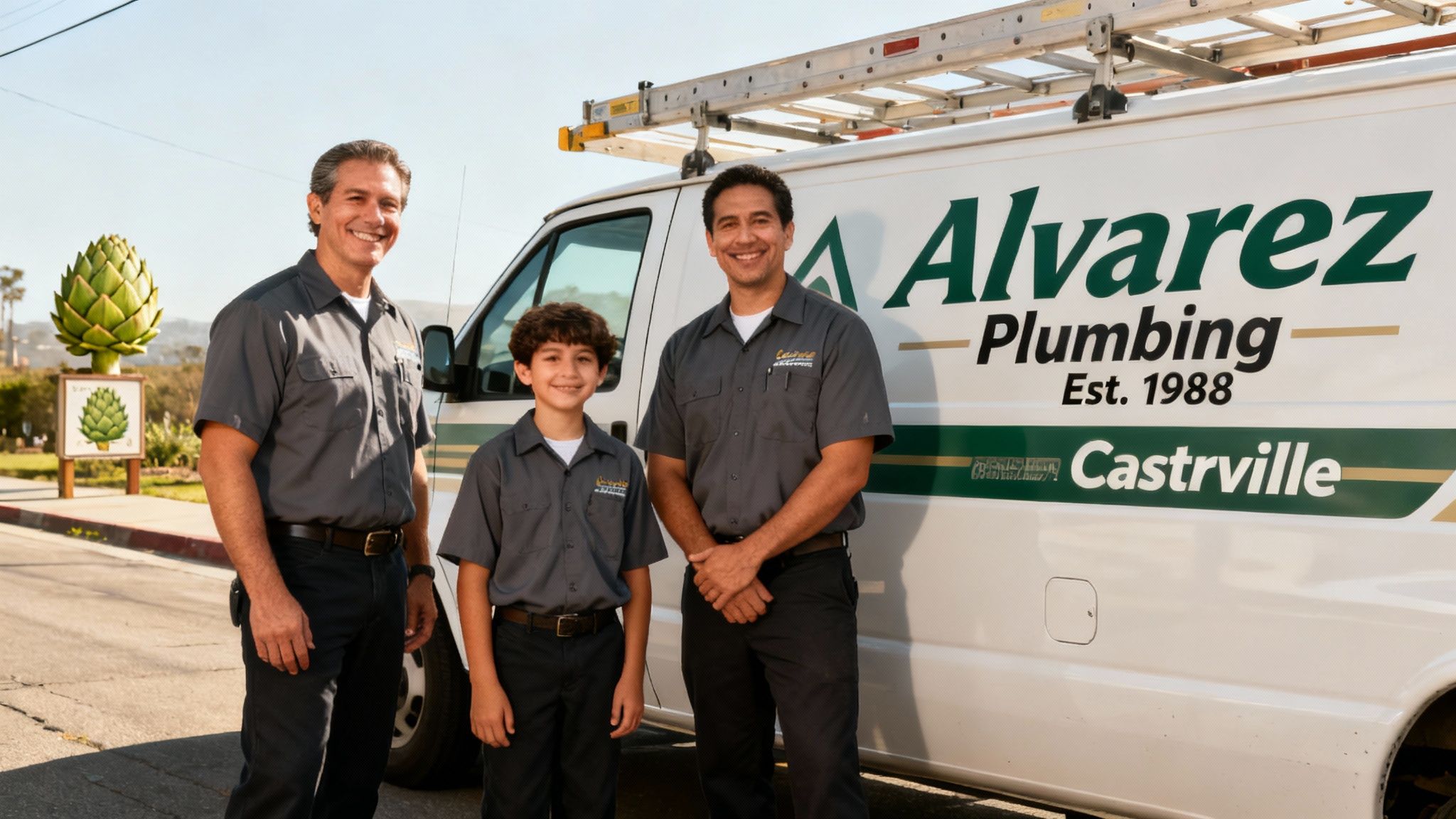 A friendly, experienced plumber from Alvarez Plumbing standing with a service van.