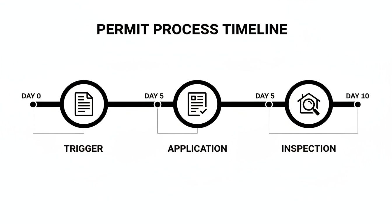 A permit process timeline showing three key stages: Trigger (Day 0), Application (Day 5), and Inspection (Day 10).