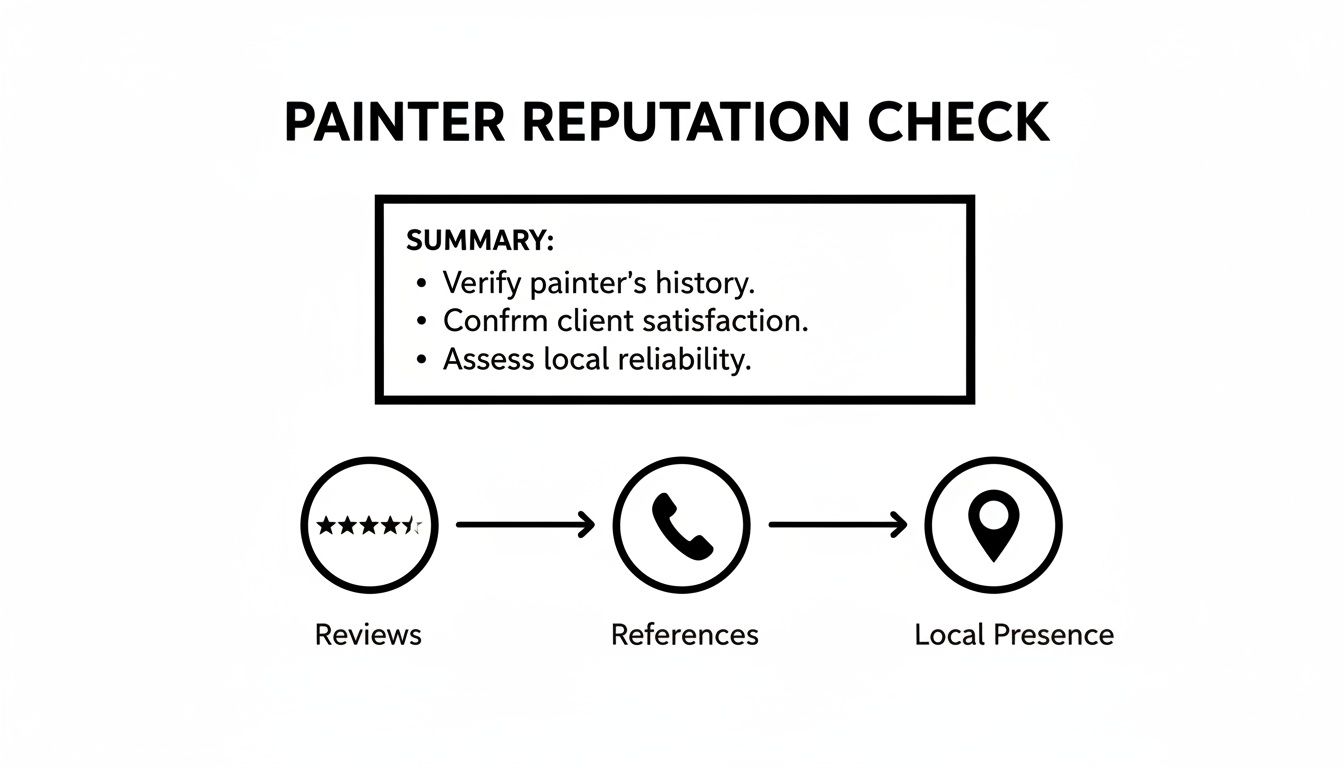 Flowchart showing a painter reputation check process including reviews, references, and local presence.