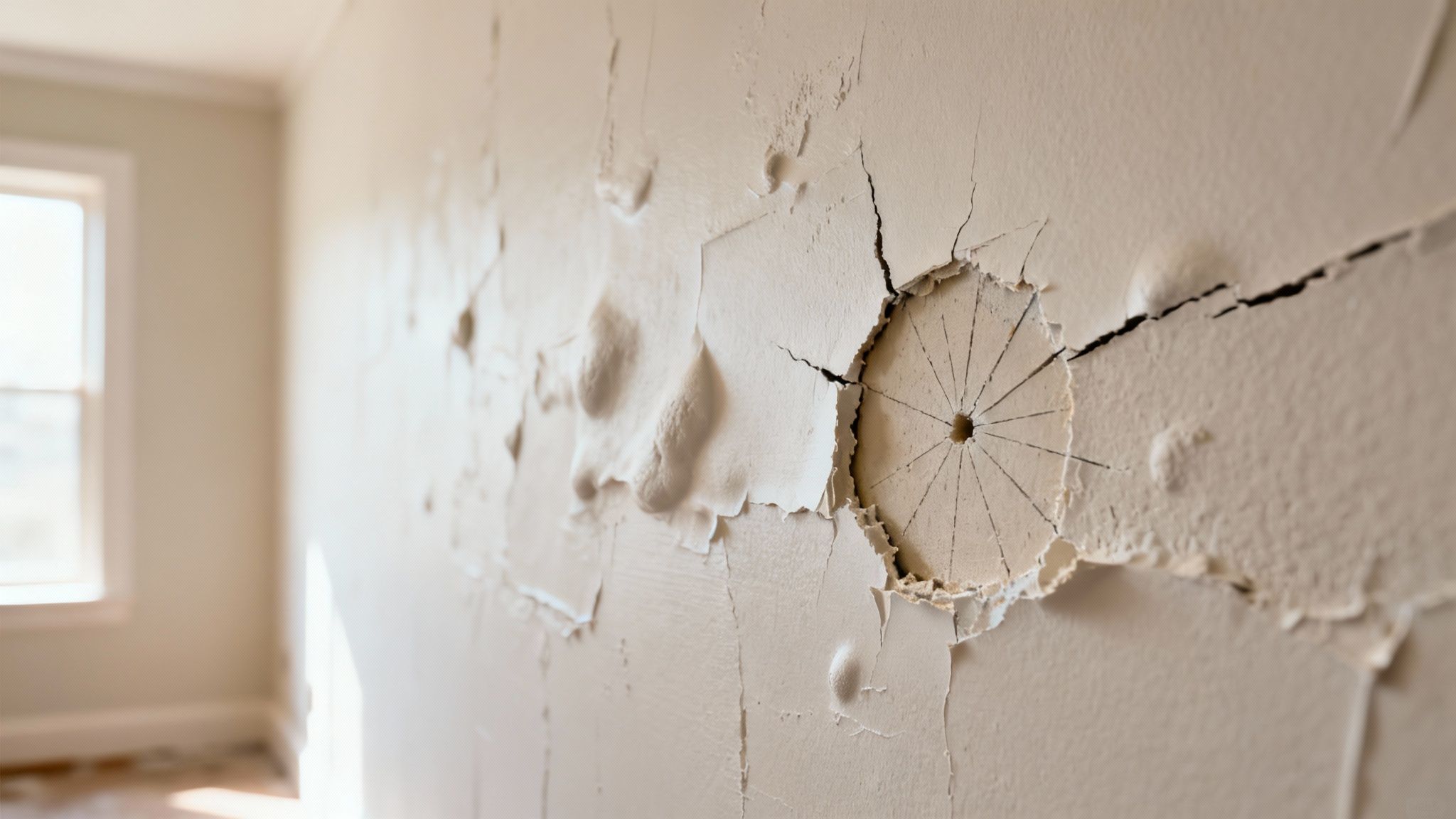 A close-up of a person applying joint compound to a damaged drywall section.