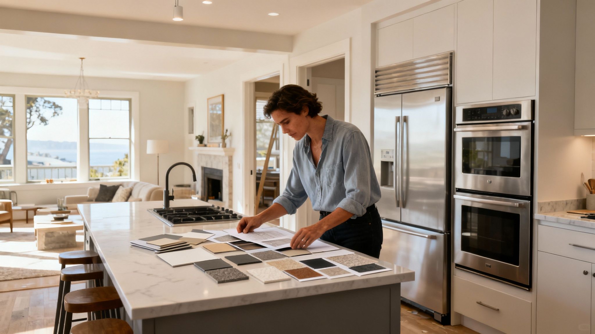 A modern, luxurious kitchen with a large natural stone island, perfect for a Bay Area home renovation.