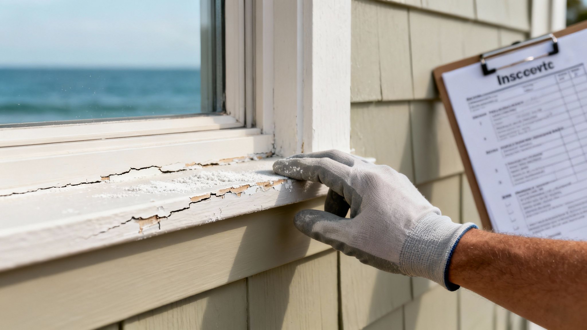 Gloved hand inspects peeling paint on an exterior window sill of a coastal home, overlooking the ocean.