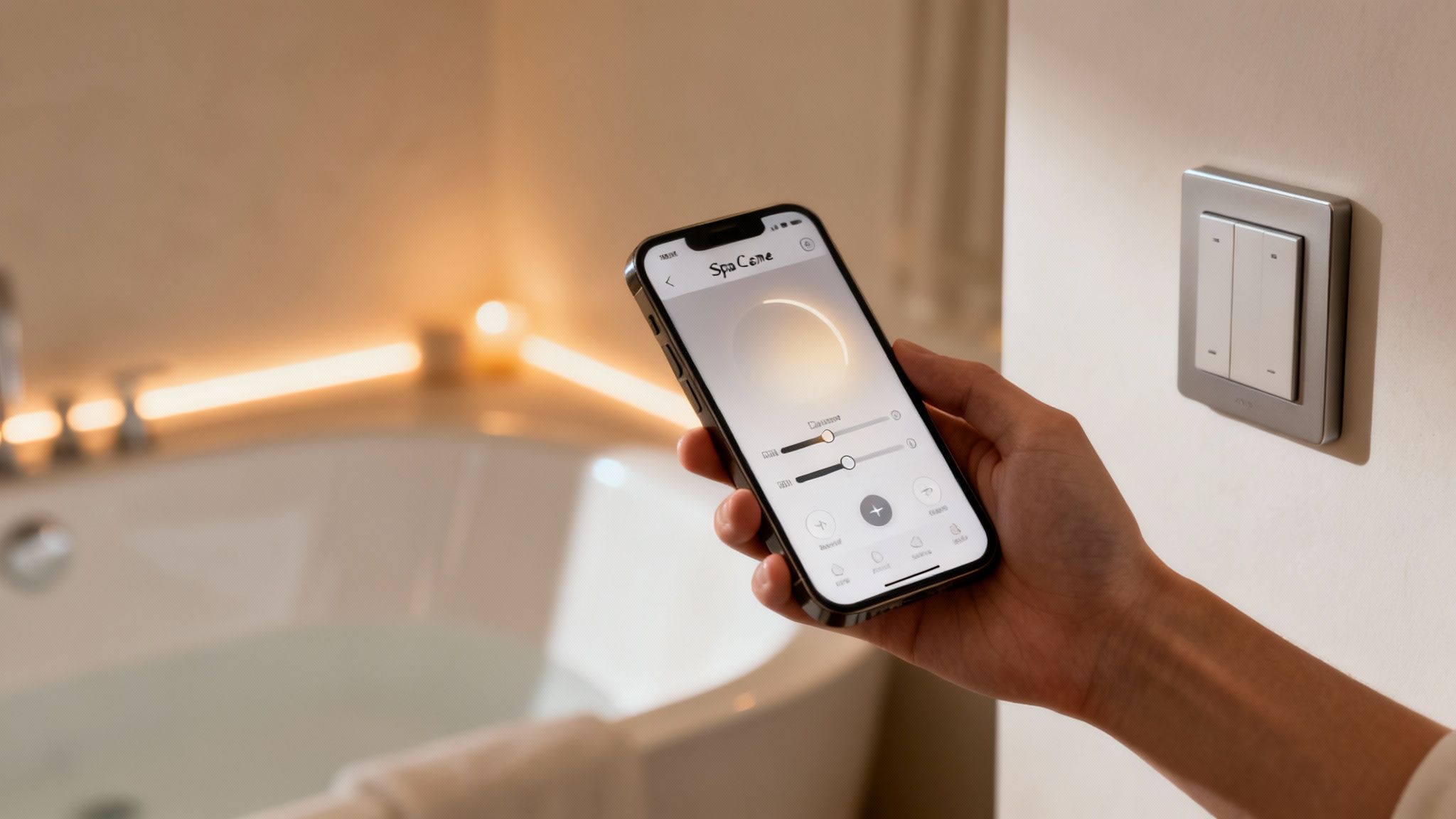 A person controls smart spa lighting in a luxurious bathroom with a mobile app and modern switch.