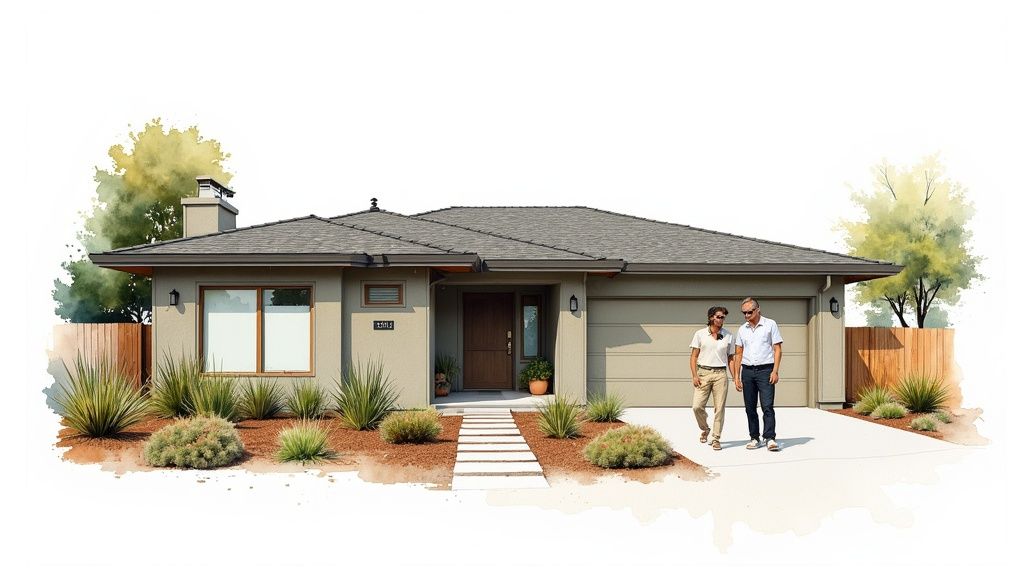 A beautiful, lush water-wise landscape with drought-tolerant plants and decorative rocks.