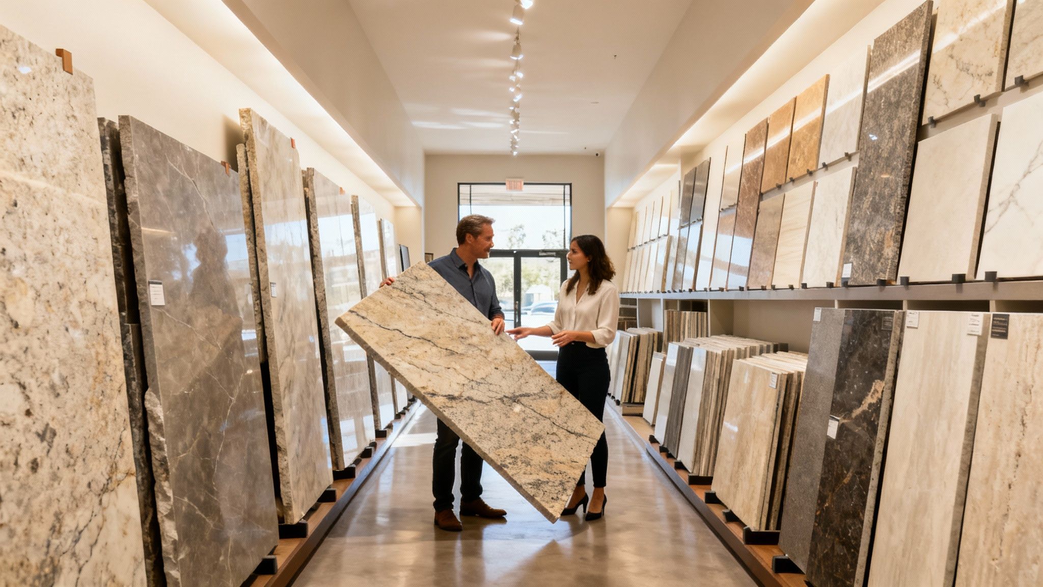 A professional guiding a client through a client through a showroom filled with various natural stone tile samples.