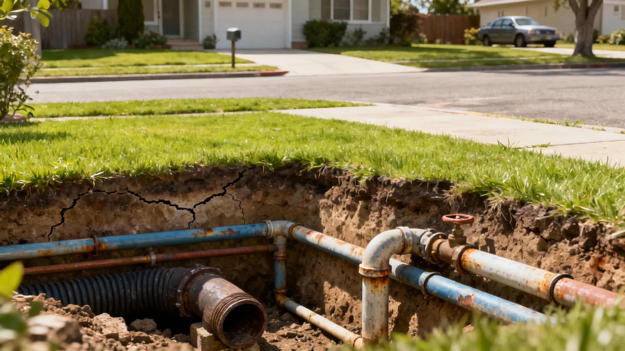 An aerial view of a construction site with exposed underground pipes, showcasing the complexity of utility infrastructure.