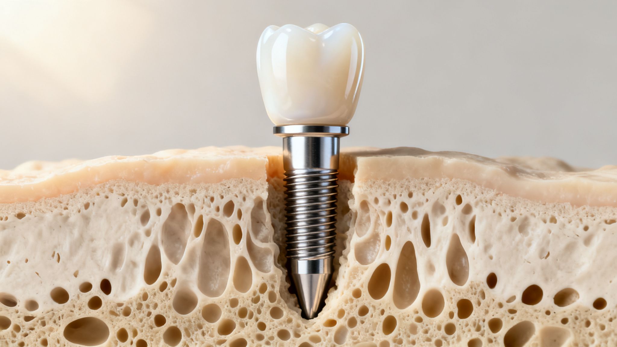 Close-up cross-section of a dental implant with crown securely placed in bone and gum tissue.