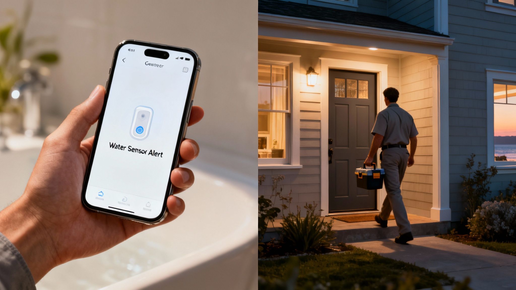 Smart home water leak alert on a phone screen, prompting a service technician to visit.