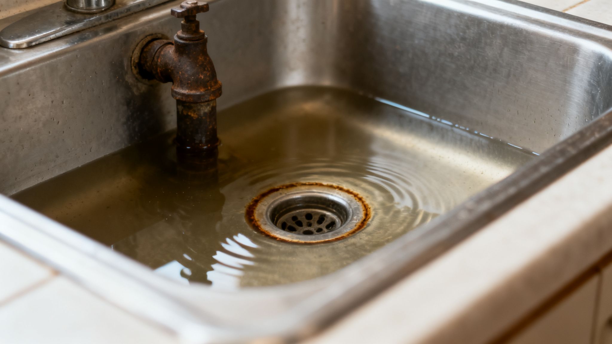 A stainless steel kitchen sink filled with dirty, murky water and a rusty faucet.