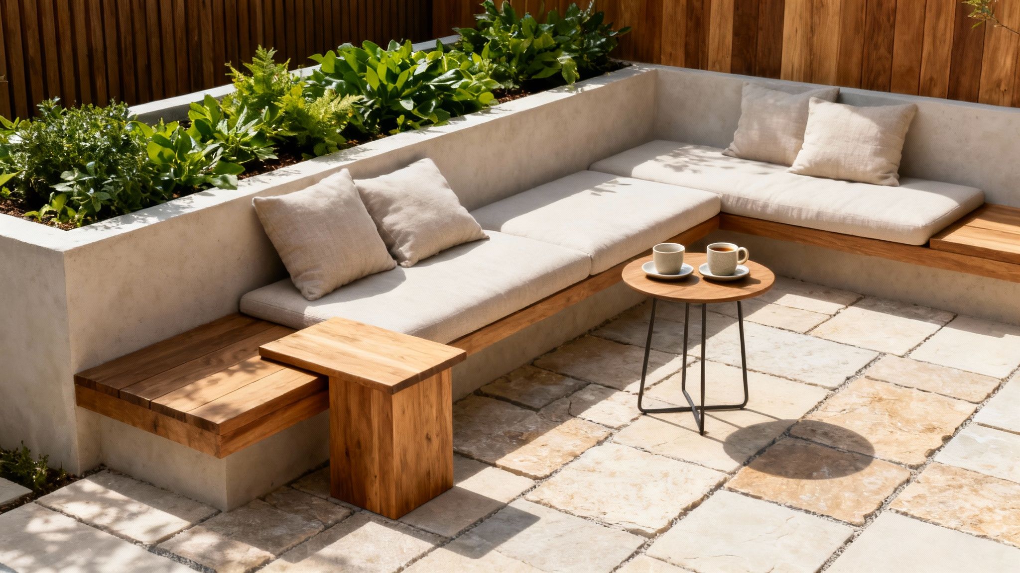 A modern outdoor patio with built-in seating, neutral cushions, a planter with greenery, and two coffee cups.