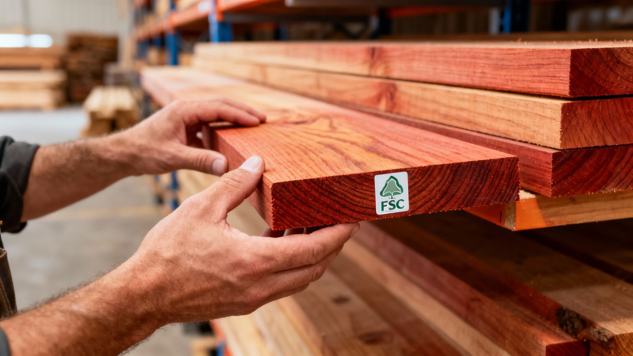 A person's hands hold a plank of FSC-certified timber in a wood warehouse.