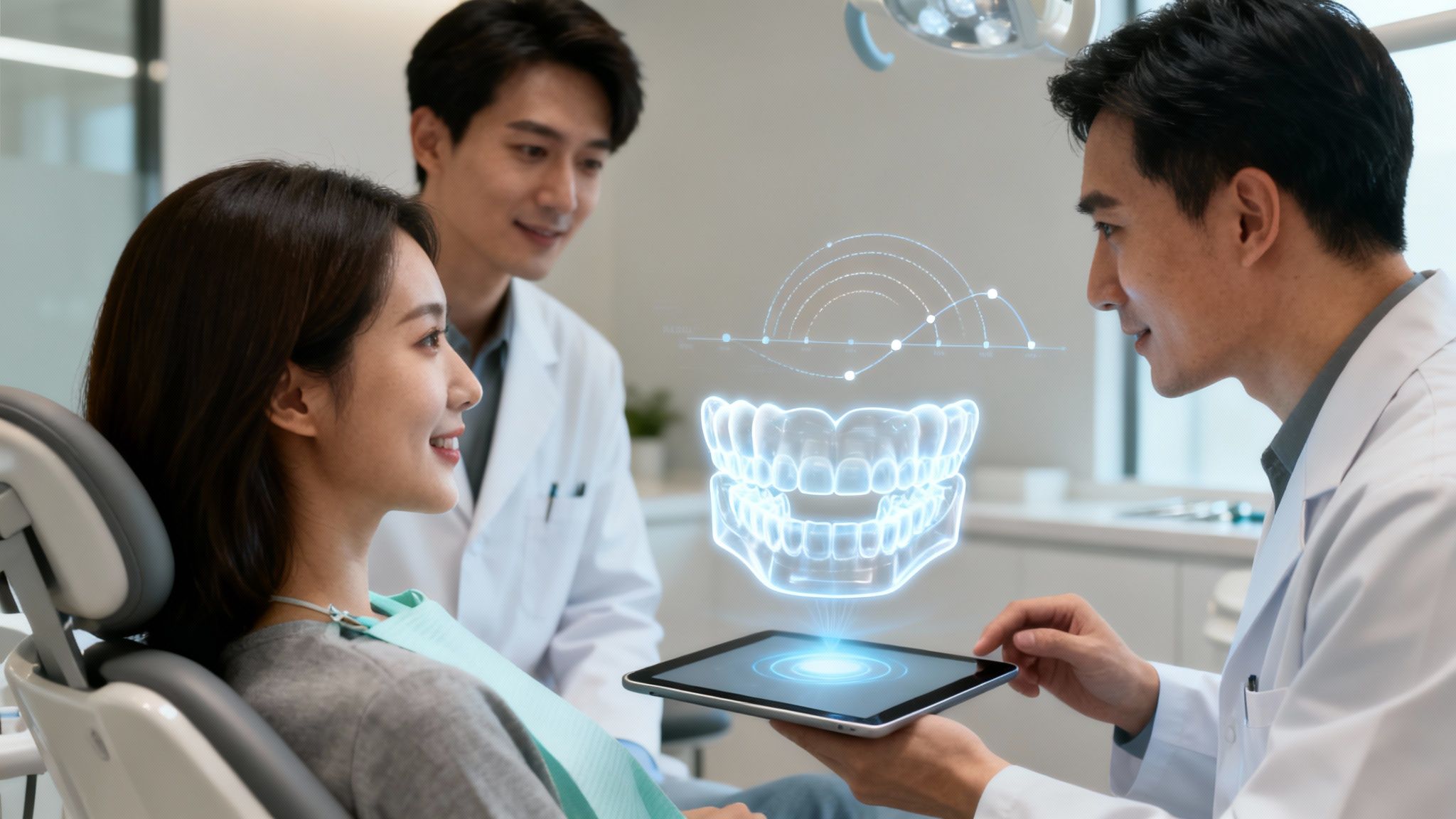 A dentist shows a smiling patient a 3D holographic display of teeth and dental data on a tablet.